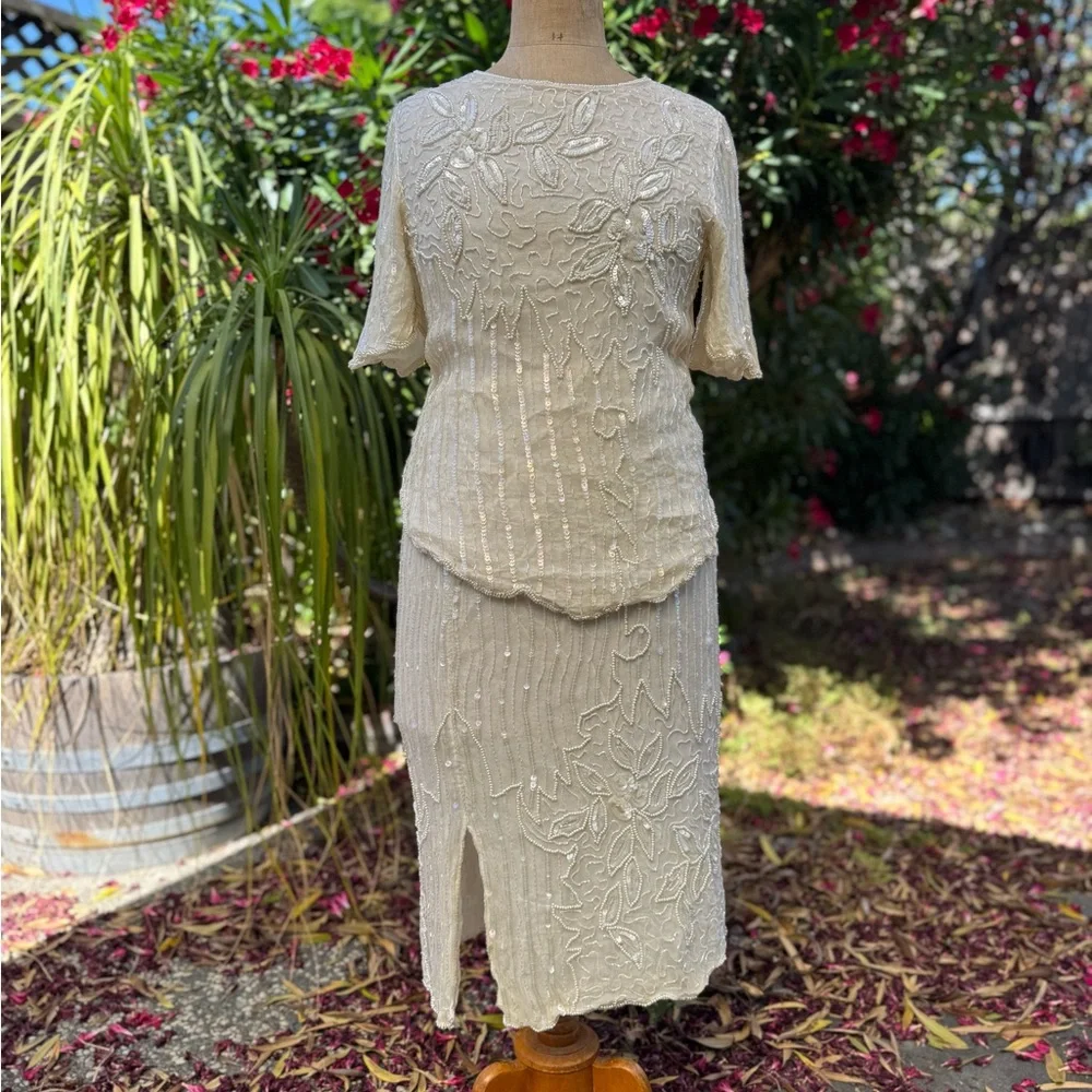 Two Piece Silk Beaded 80s Dress - Picture 6 of 7